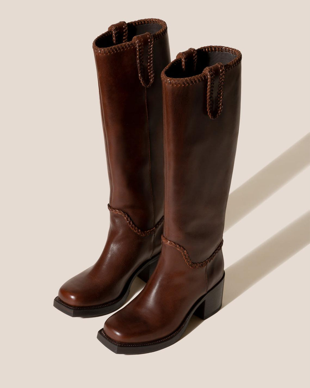 Hereu Boots | CALOBRA - Heeled Square-Toe Braided Detail Knee-High Boot - Women