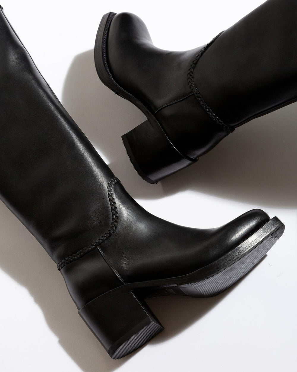 Hereu Boots | CALOBRA - Heeled Square-Toe Braided Detail Knee-High Boot - Women