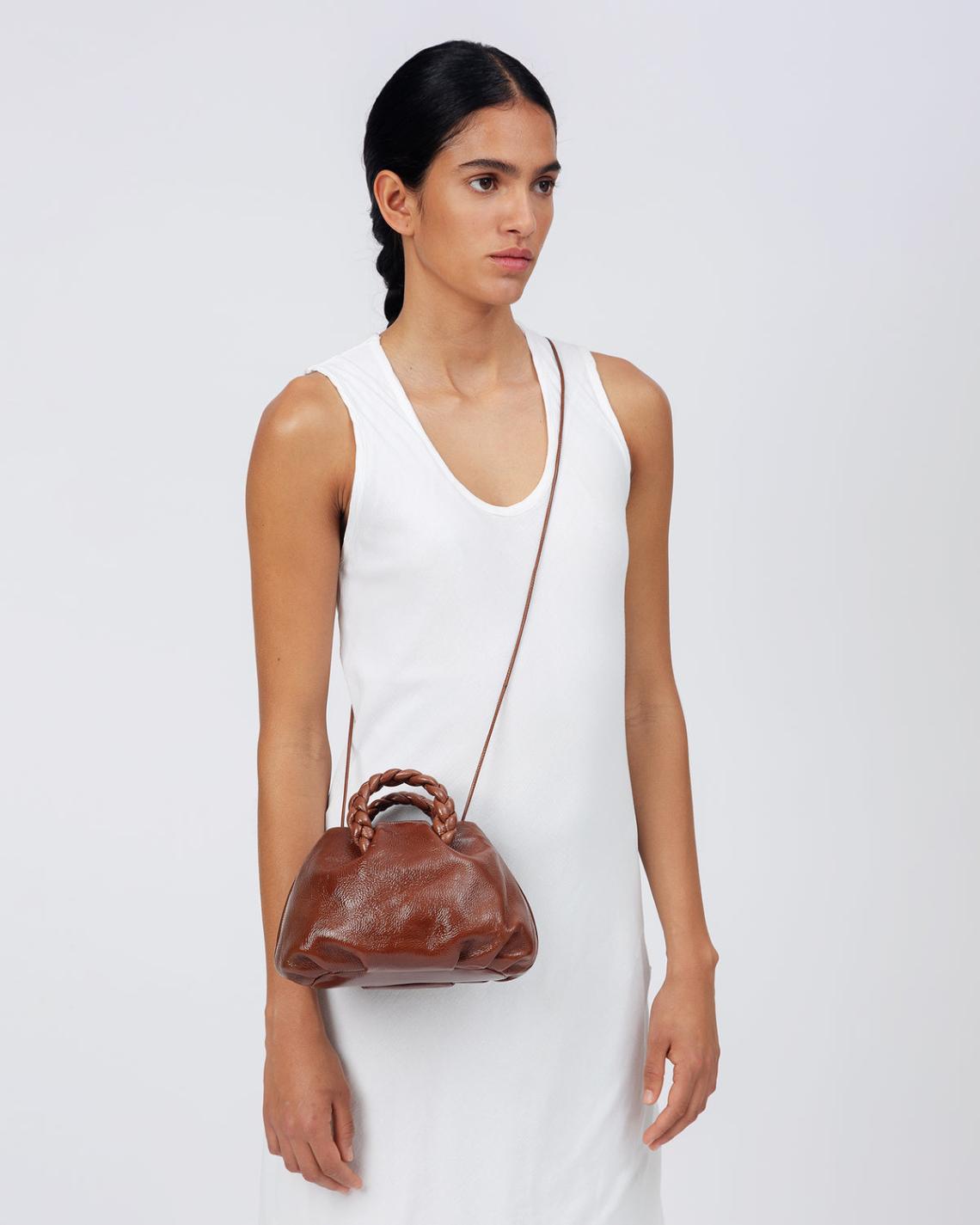Hereu Crossbody Bags | BOMBON CRINKLED GLOSSY - Small Plaited-handle Leather Crossbody Bag - Women