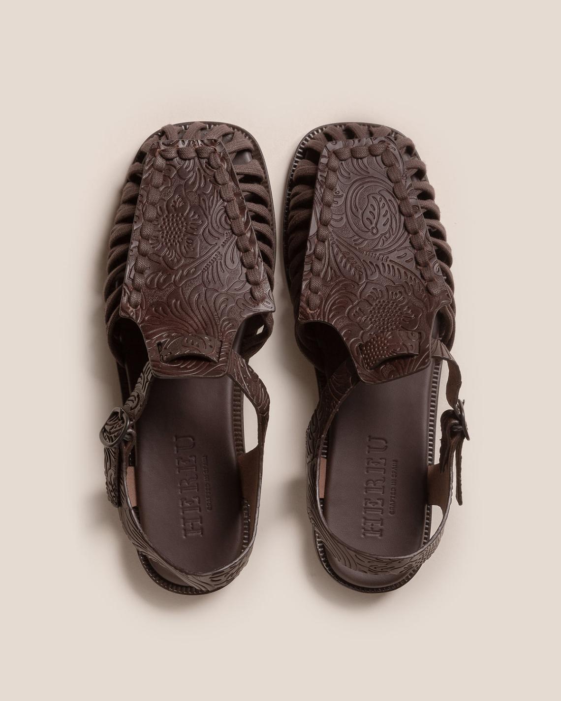 Hereu Sandals | ALARO EMBOSSED VEG-TAN - Square-Toe T-bar Sandal - Women