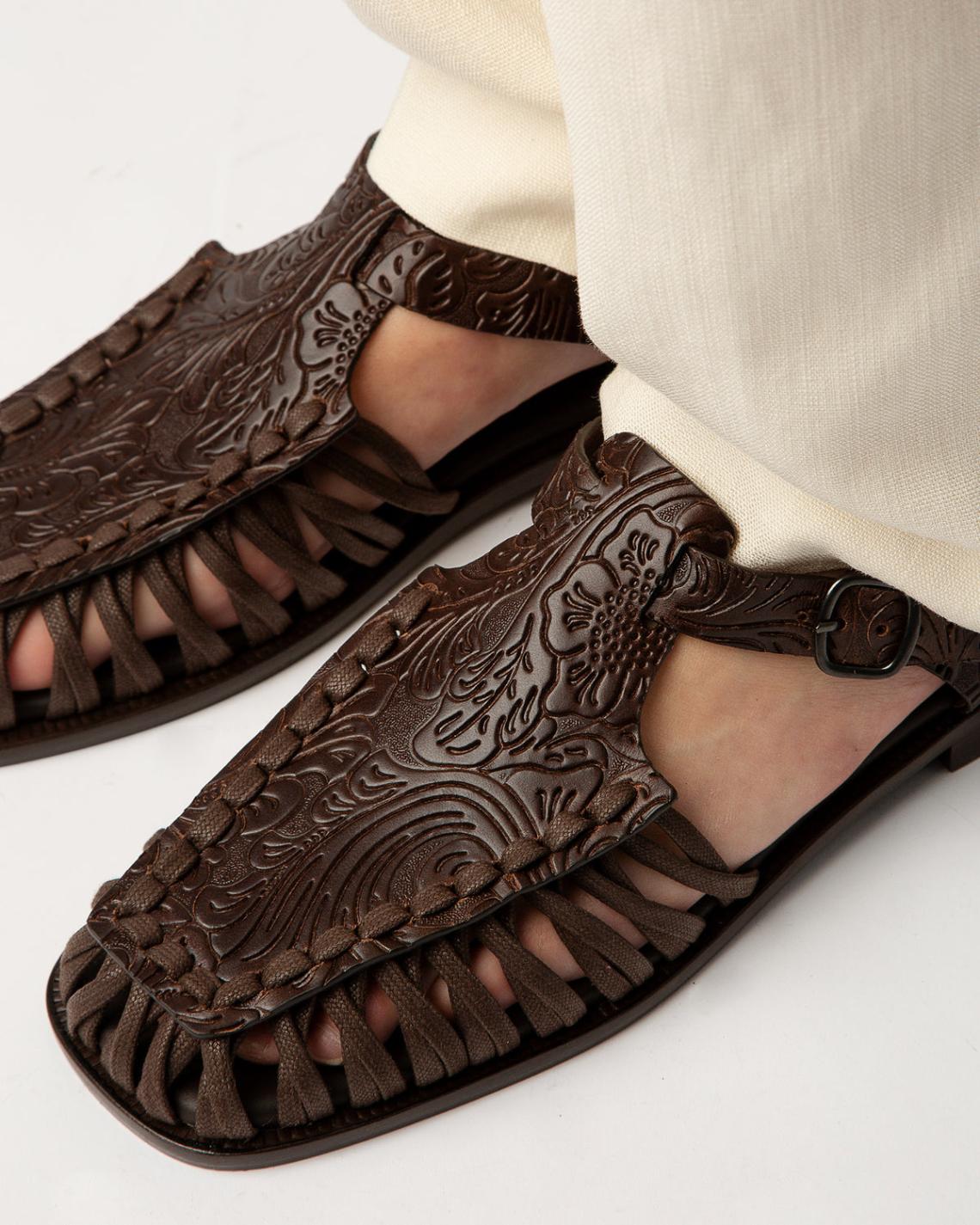 Hereu Sandals | ALARO EMBOSSED VEG-TAN - Square-Toe T-bar Sandal - Women